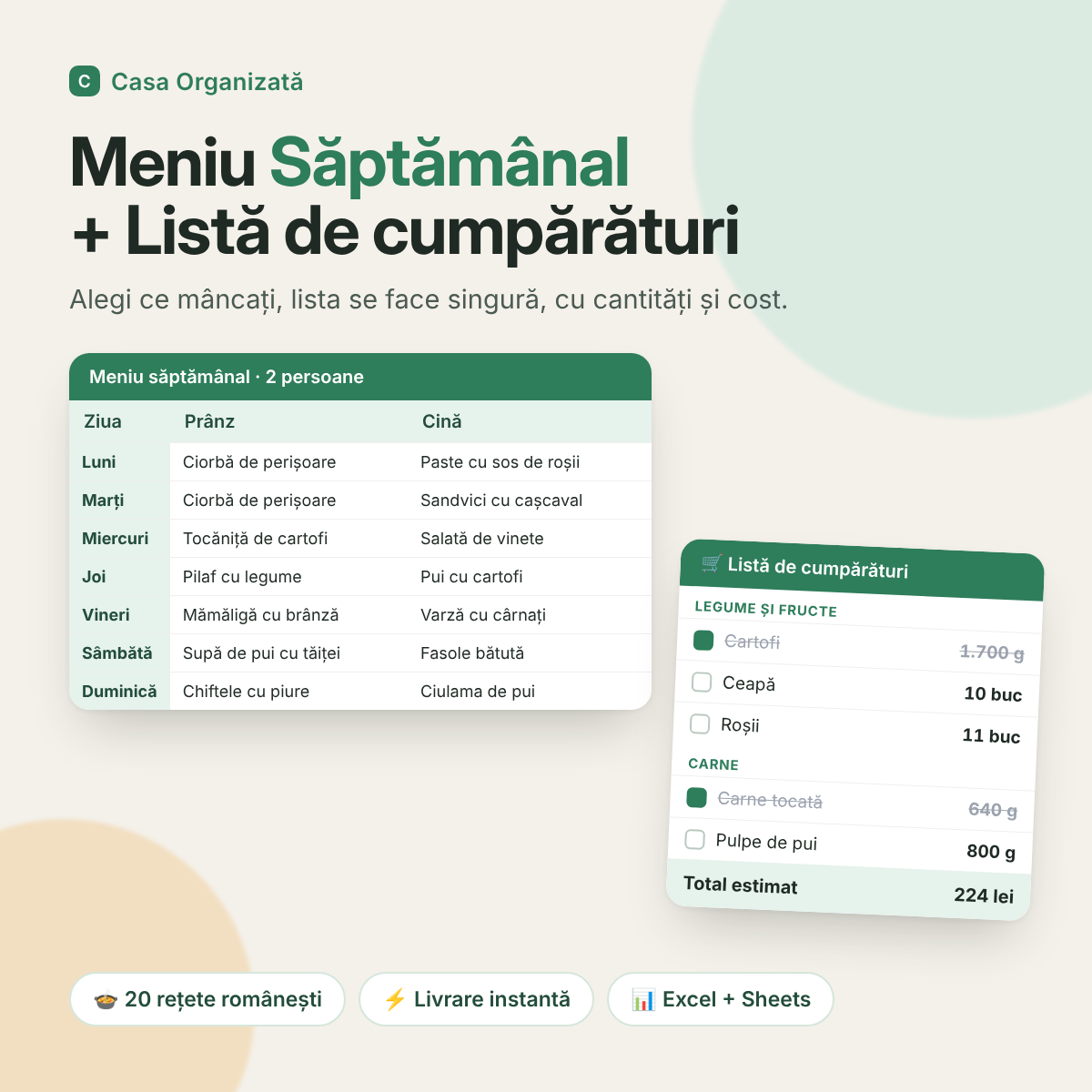 Planificator de Meniu Săptămânal + Listă de Cumpărături