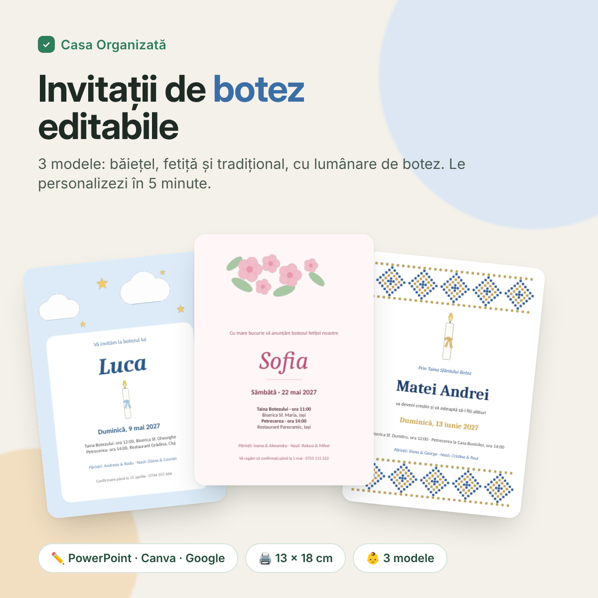 Invitații de botez editabile – 3 modele